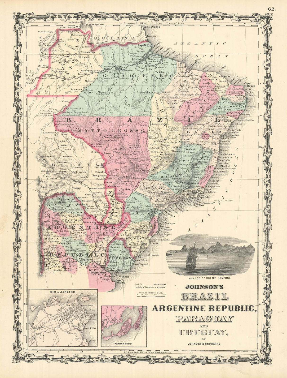 Johnson's Brazil, Argentine Republic, Paraguay & Uruguay. South America 1861 map